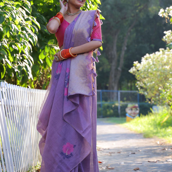 Jyoti Fashion Women's Purple Soft Muga Cotton Resham Jamdani Weaving Traditional Saree with Blouse - Distacart