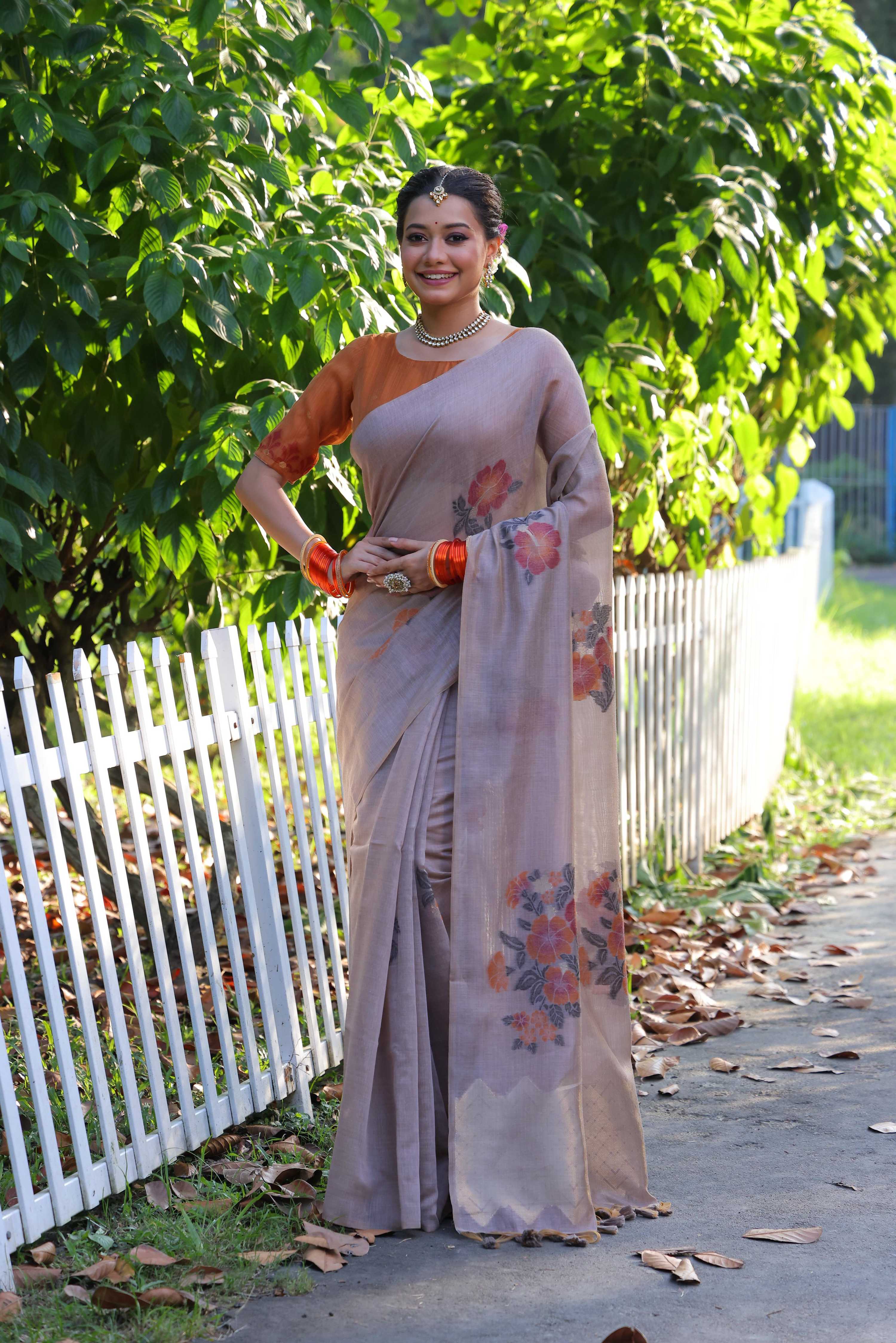 Jyoti Fashion Women's Grey Soft Muga Cotton Resham Jamdani Weaving Traditional Saree with Blouse - Distacart