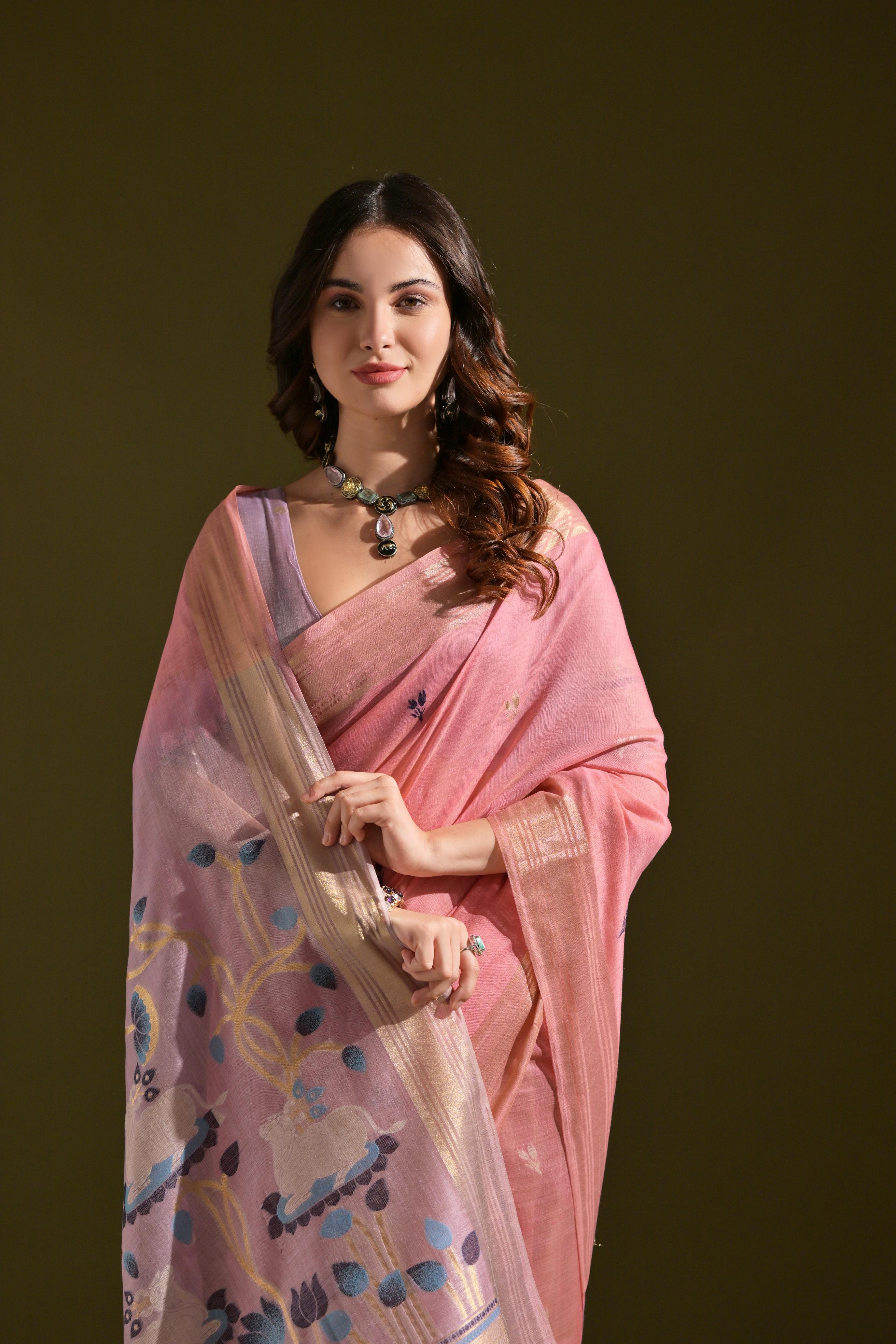 Jyoti Fashion Women's Baby Pink Soft Muga Cotton Resham Zari Weaving Traditional Saree with Blouse - Distacart