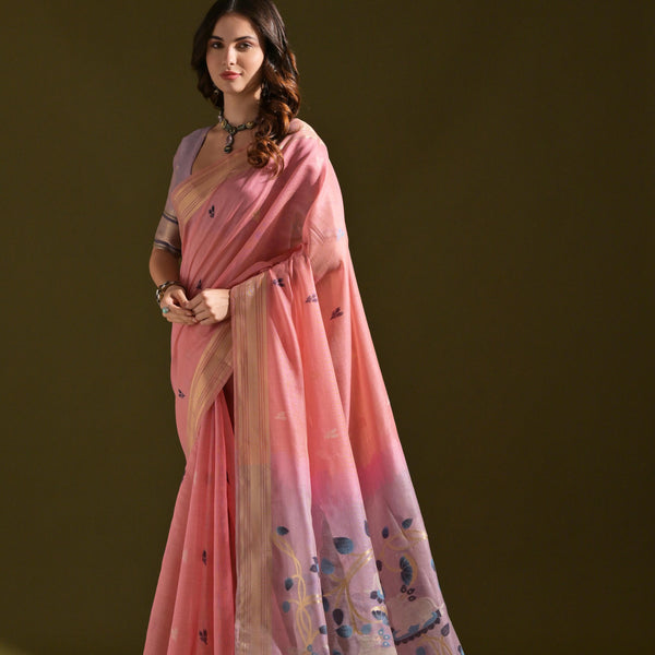 Jyoti Fashion Women's Baby Pink Soft Muga Cotton Resham Zari Weaving Traditional Saree with Blouse - Distacart