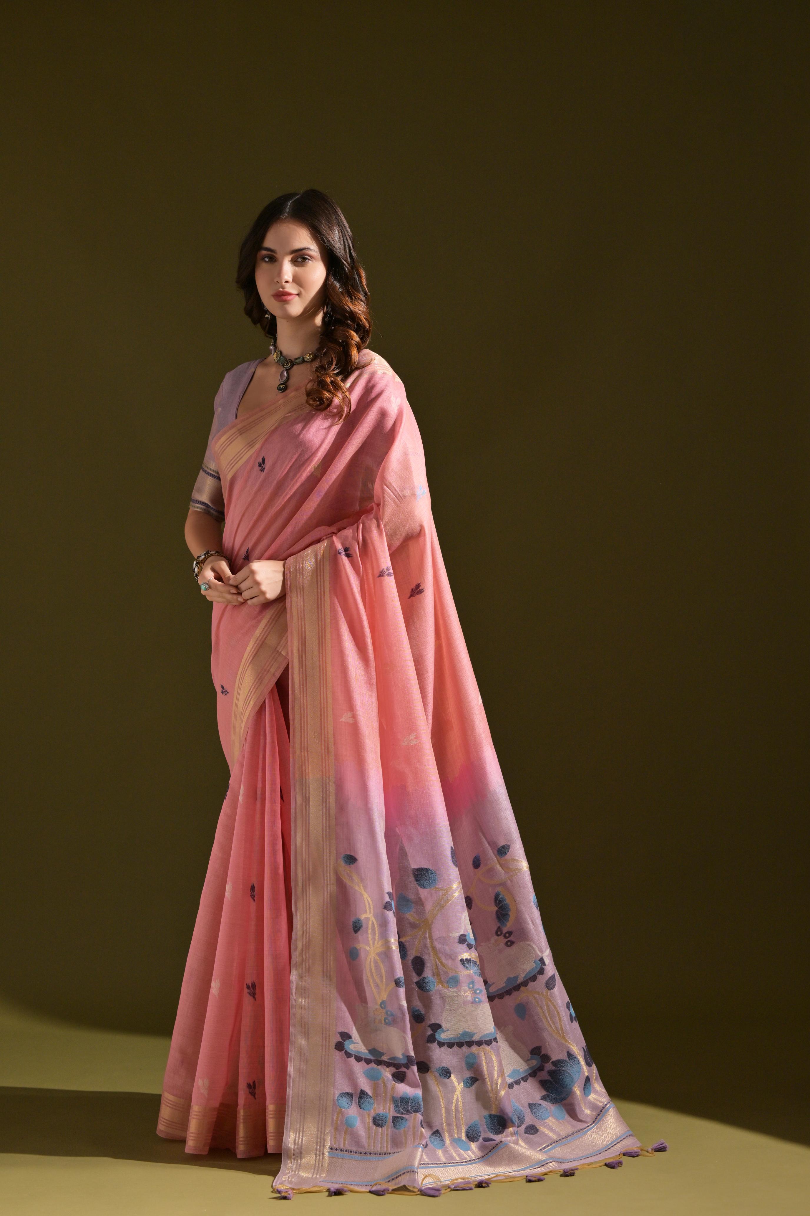 Jyoti Fashion Women's Baby Pink Soft Muga Cotton Resham Zari Weaving Traditional Saree with Blouse - Distacart