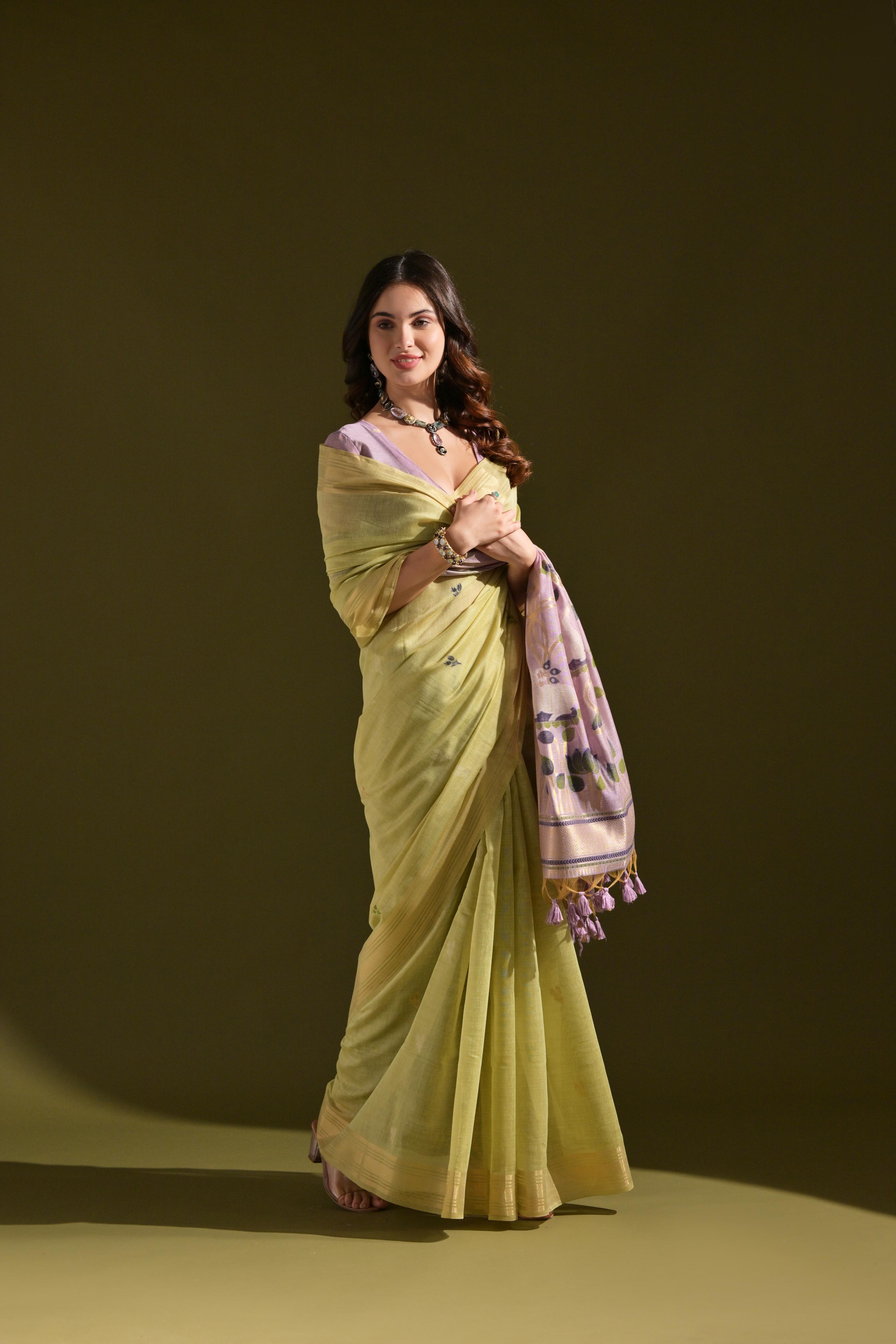 Jyoti Fashion Women's Green Soft Muga Cotton Resham Zari Weaving Traditional Saree with Blouse - Distacart