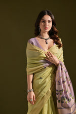 Thumbnail for Jyoti Fashion Women's Green Soft Muga Cotton Resham Zari Weaving Traditional Saree with Blouse - Distacart