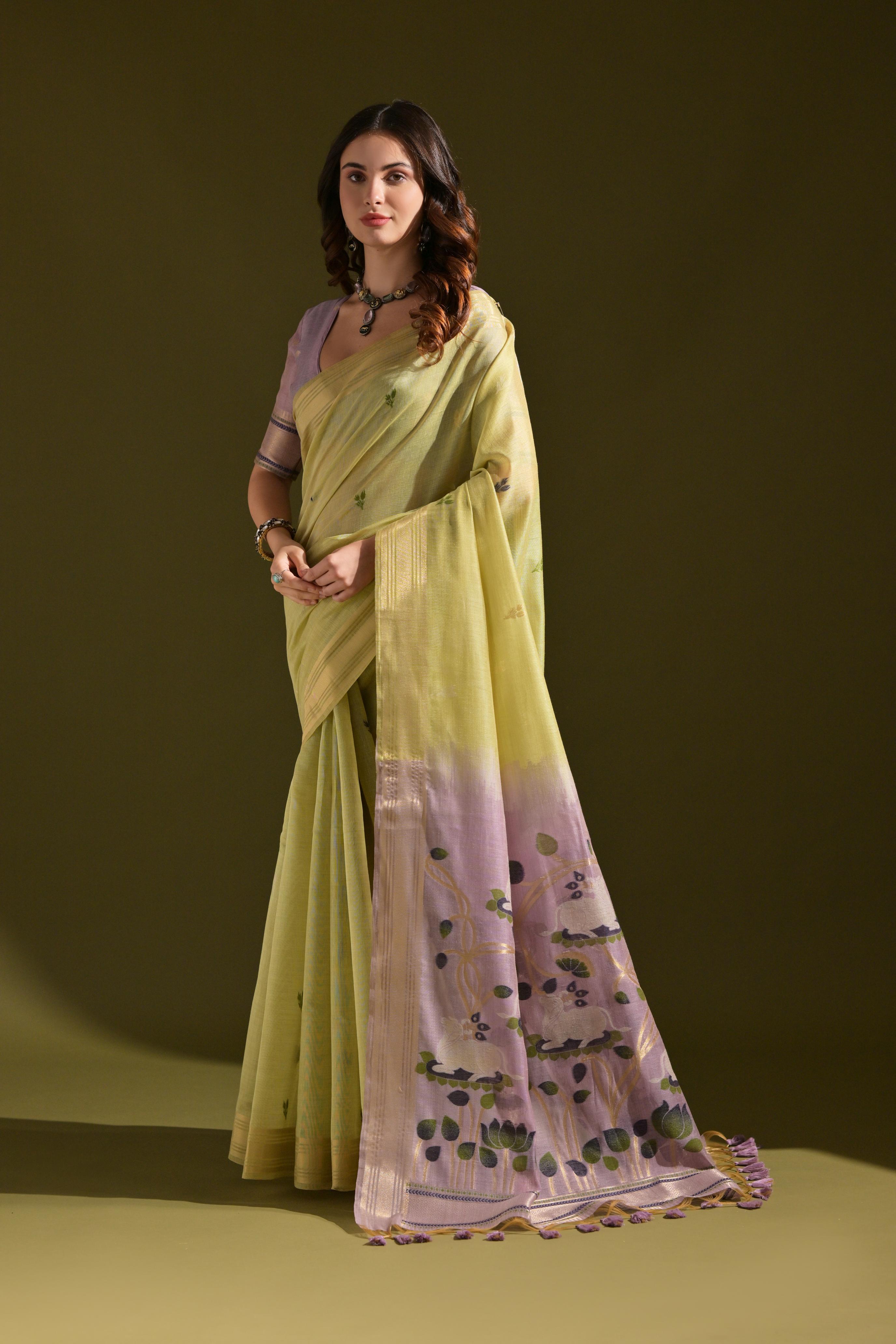 Jyoti Fashion Women's Green Soft Muga Cotton Resham Zari Weaving Traditional Saree with Blouse - Distacart