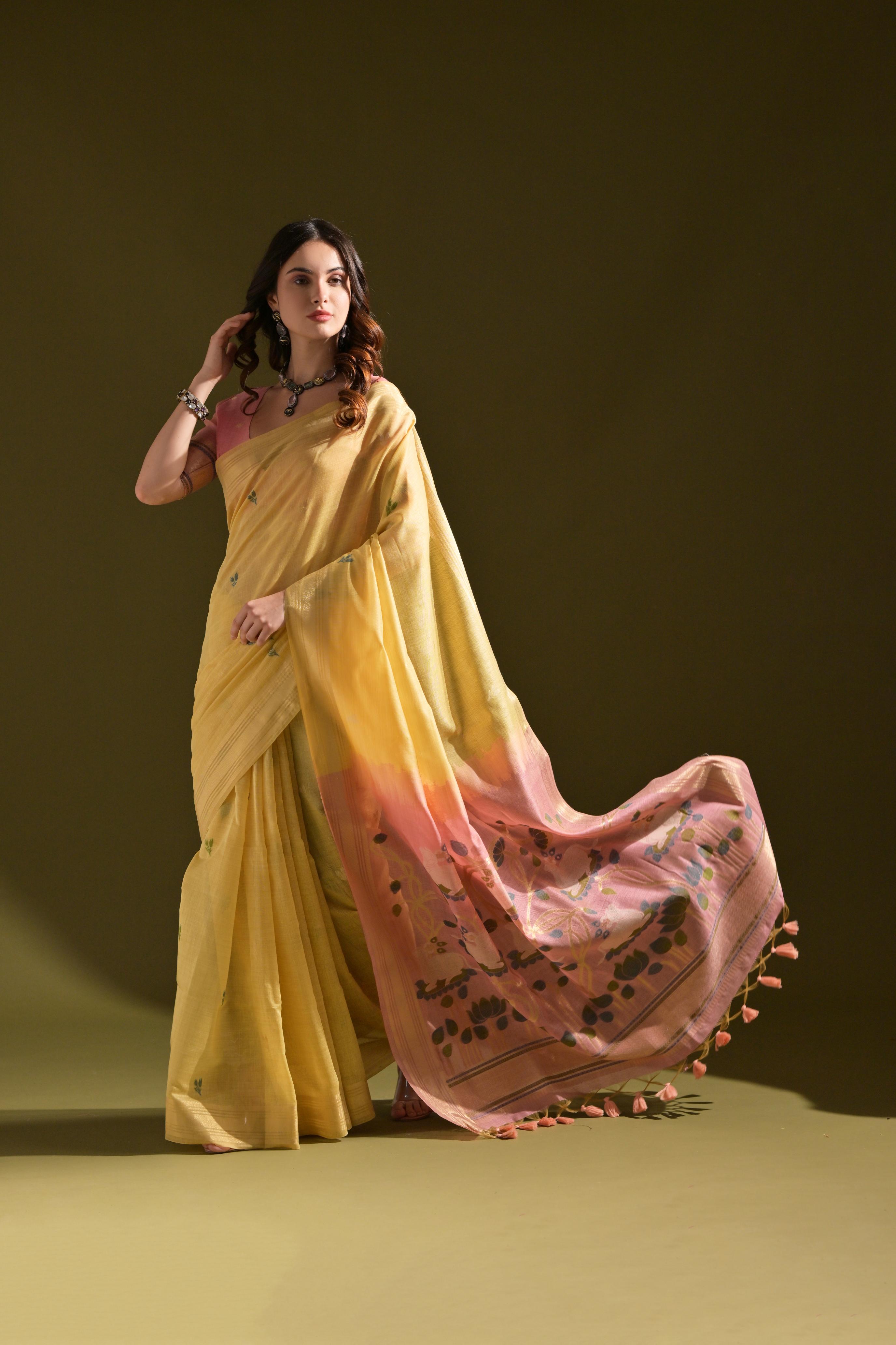 Jyoti Fashion Women's Yellow Soft Muga Cotton Resham Zari Weaving Traditional Saree with Blouse - Distacart