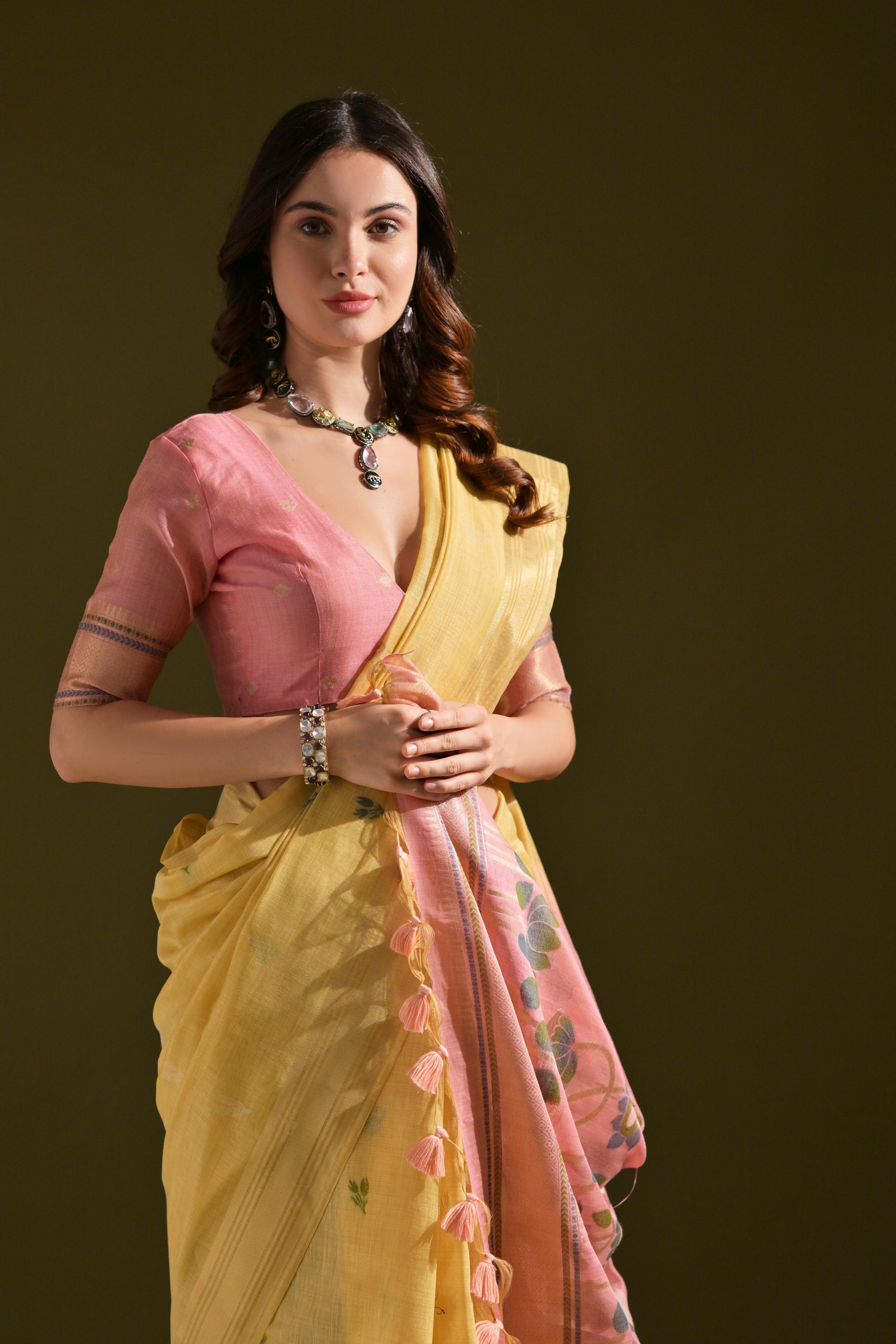 Jyoti Fashion Women's Yellow Soft Muga Cotton Resham Zari Weaving Traditional Saree with Blouse - Distacart