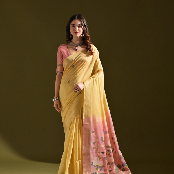 Jyoti Fashion Women's Yellow Soft Muga Cotton Resham Zari Weaving Traditional Saree with Blouse - Distacart