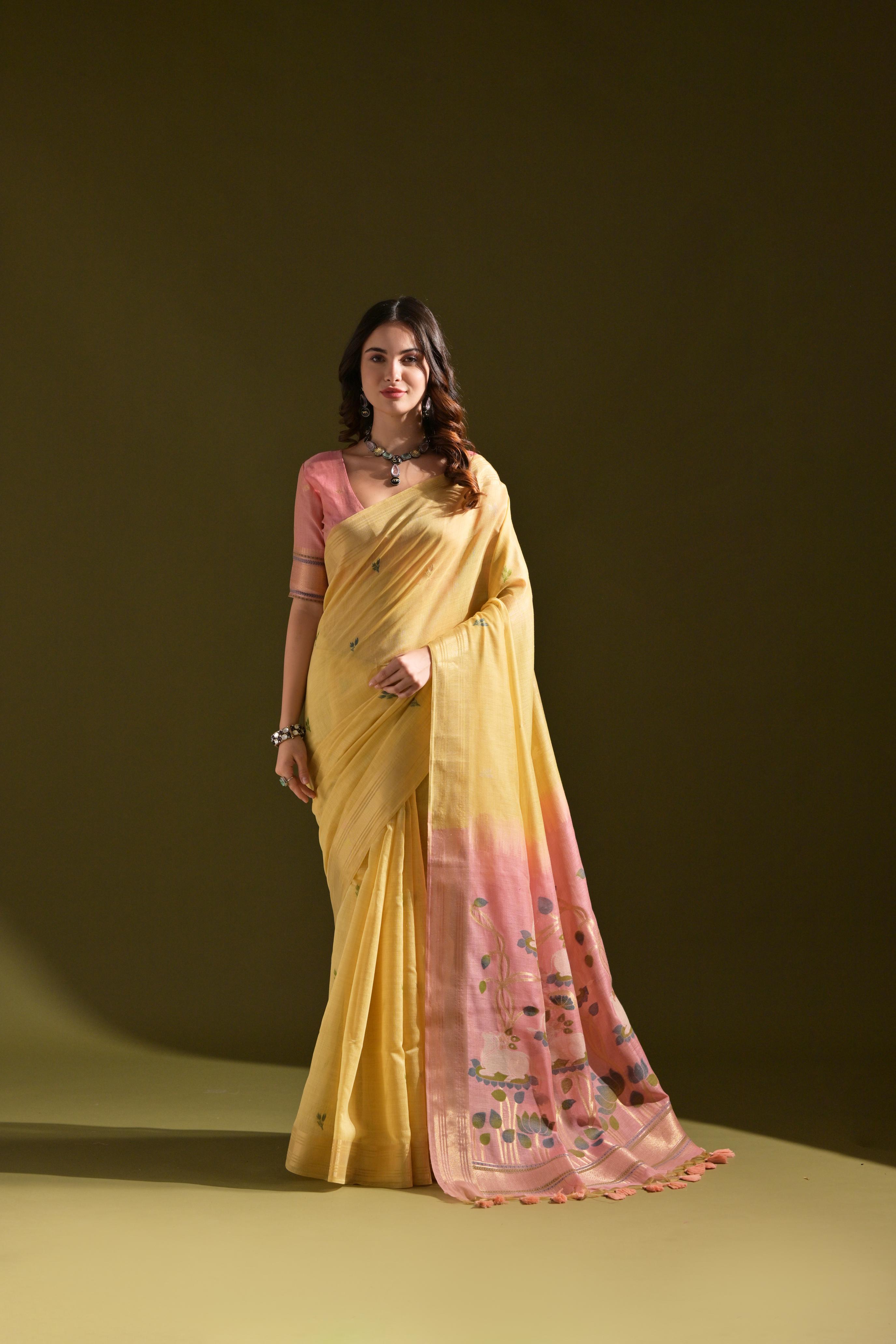 Jyoti Fashion Women's Yellow Soft Muga Cotton Resham Zari Weaving Traditional Saree with Blouse - Distacart