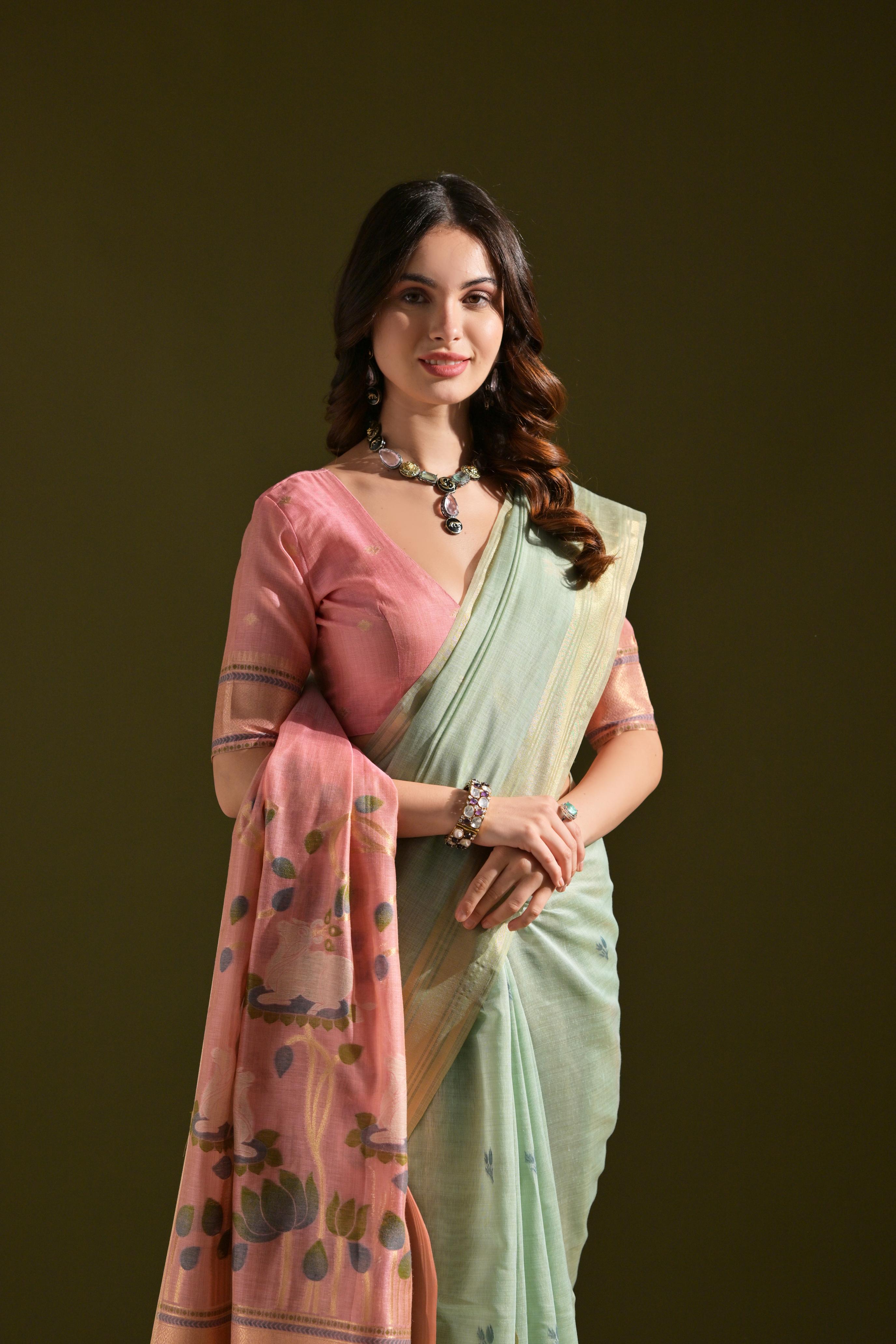 Jyoti Fashion Women's Sky Blue Soft Muga Cotton Resham Zari Weaving Traditional Saree with Blouse - Distacart