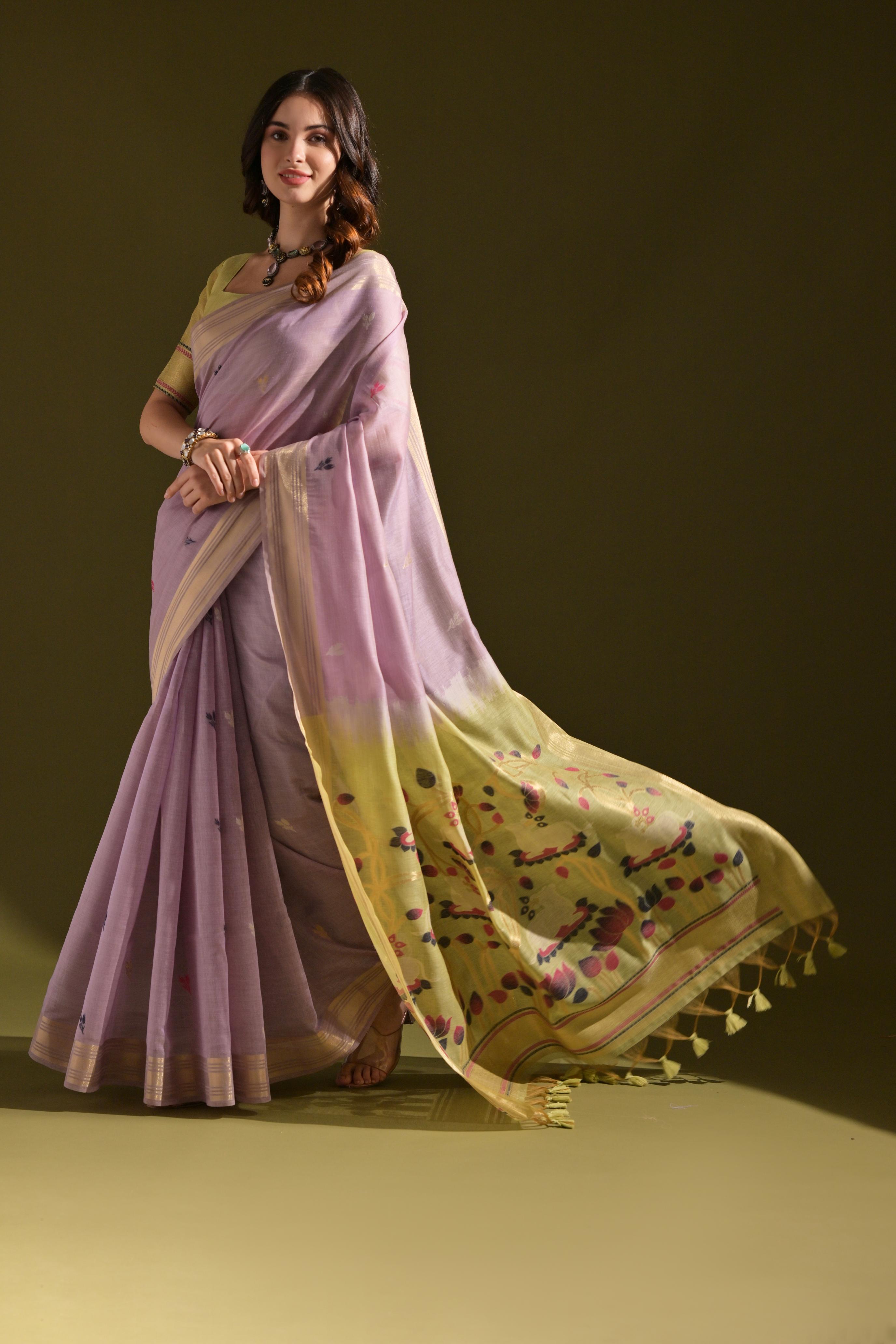 Jyoti Fashion Women's Purple Soft Muga Cotton Resham Zari Weaving Traditional Saree with Blouse - Distacart
