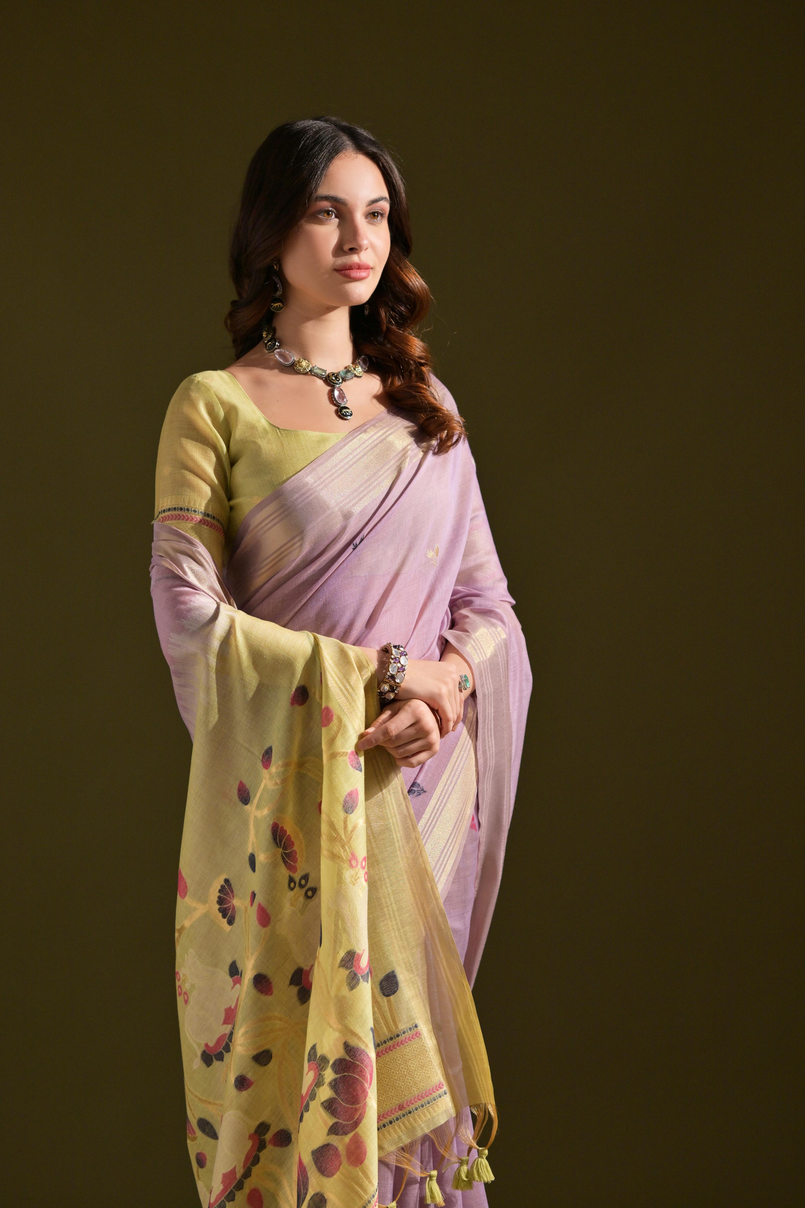 Jyoti Fashion Women's Purple Soft Muga Cotton Resham Zari Weaving Traditional Saree with Blouse - Distacart