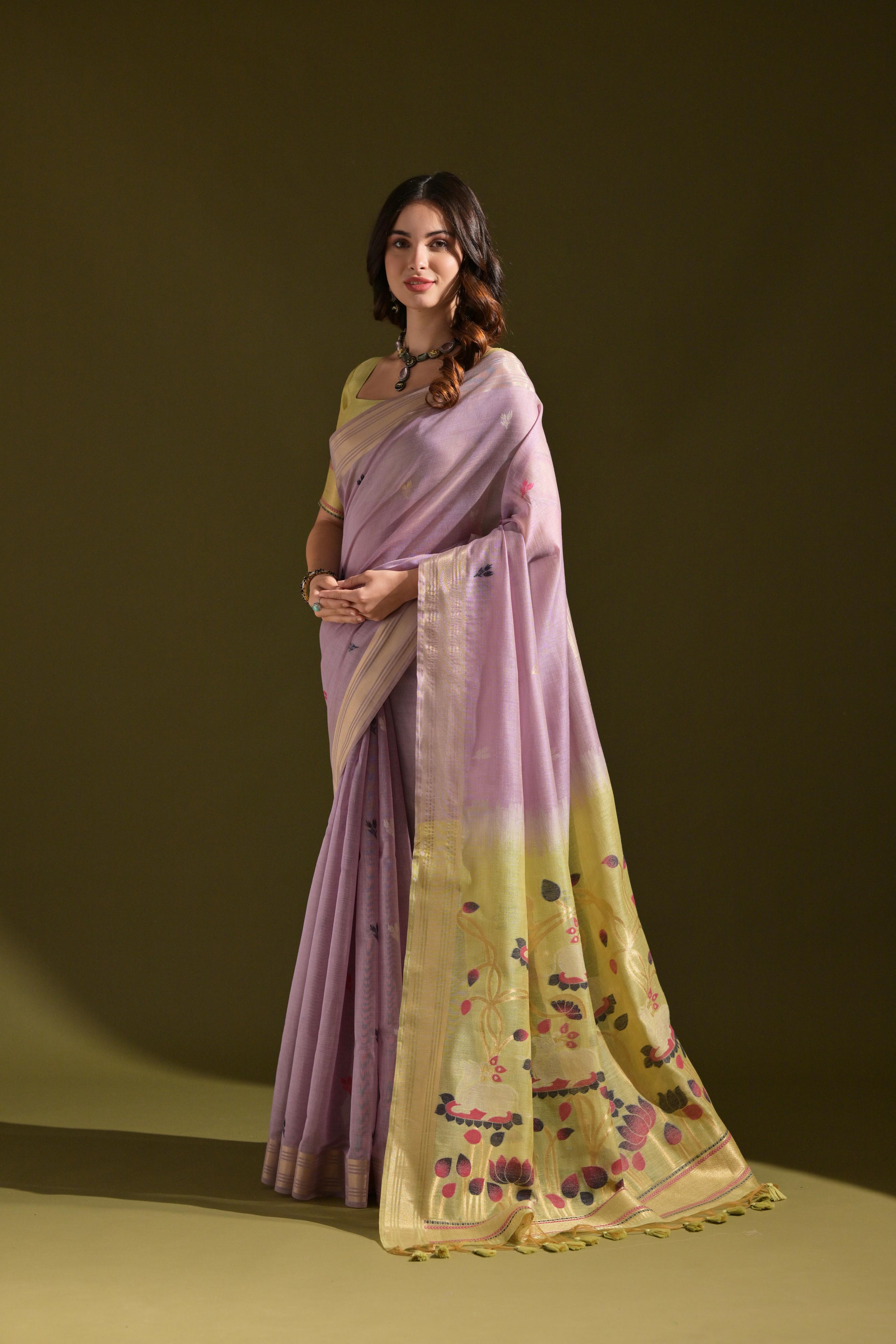 Jyoti Fashion Women's Purple Soft Muga Cotton Resham Zari Weaving Traditional Saree with Blouse - Distacart