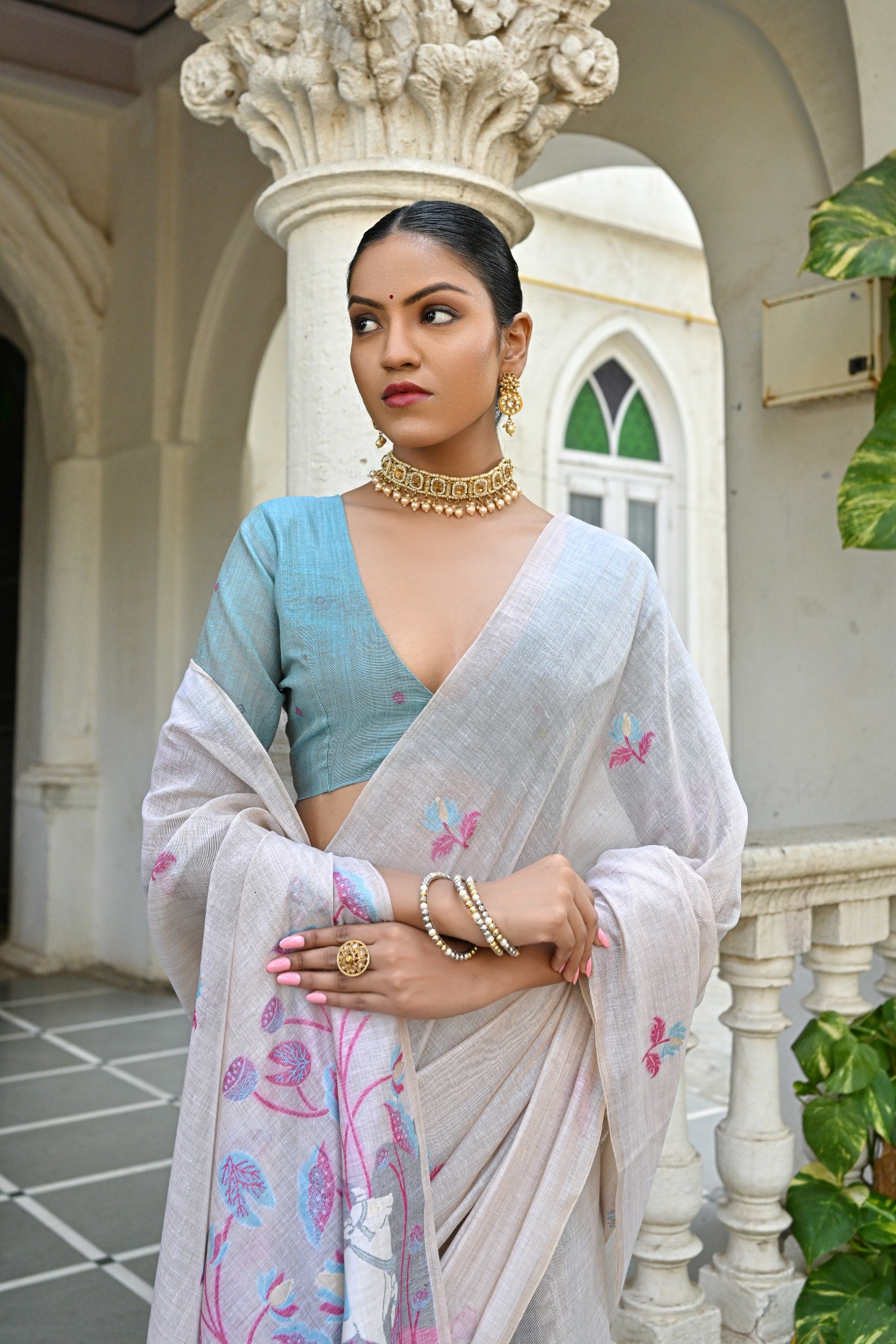 Jyoti Fashion Women's Pink Soft Muga Cotton Floral Weaving Traditional Saree with Blouse - Distacart