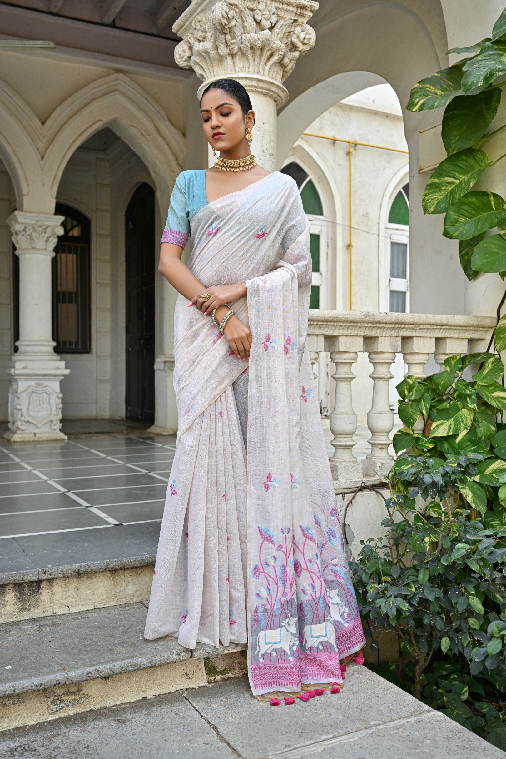 Jyoti Fashion Women's Pink Soft Muga Cotton Floral Weaving Traditional Saree with Blouse - Distacart