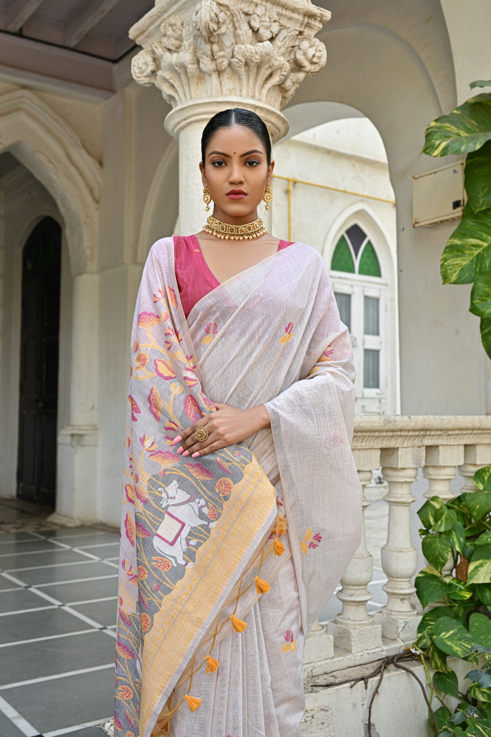 Jyoti Fashion Women's Yellow Soft Muga Cotton Floral Weaving Traditional Saree with Blouse - Distacart