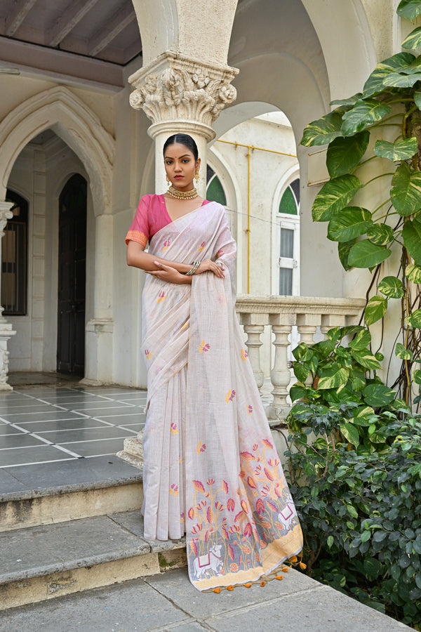 Jyoti Fashion Women's Yellow Soft Muga Cotton Floral Weaving Traditional Saree with Blouse - Distacart