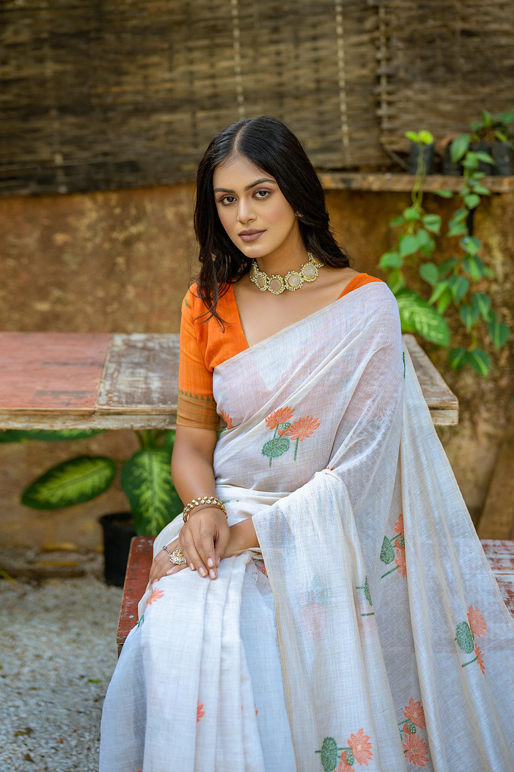 Jyoti Fashion Women's Orange Soft Muga Cotton Floral Weaving Traditional Saree with Blouse - Distacart