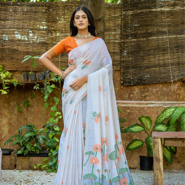 Jyoti Fashion Women's Orange Soft Muga Cotton Floral Weaving Traditional Saree with Blouse - Distacart