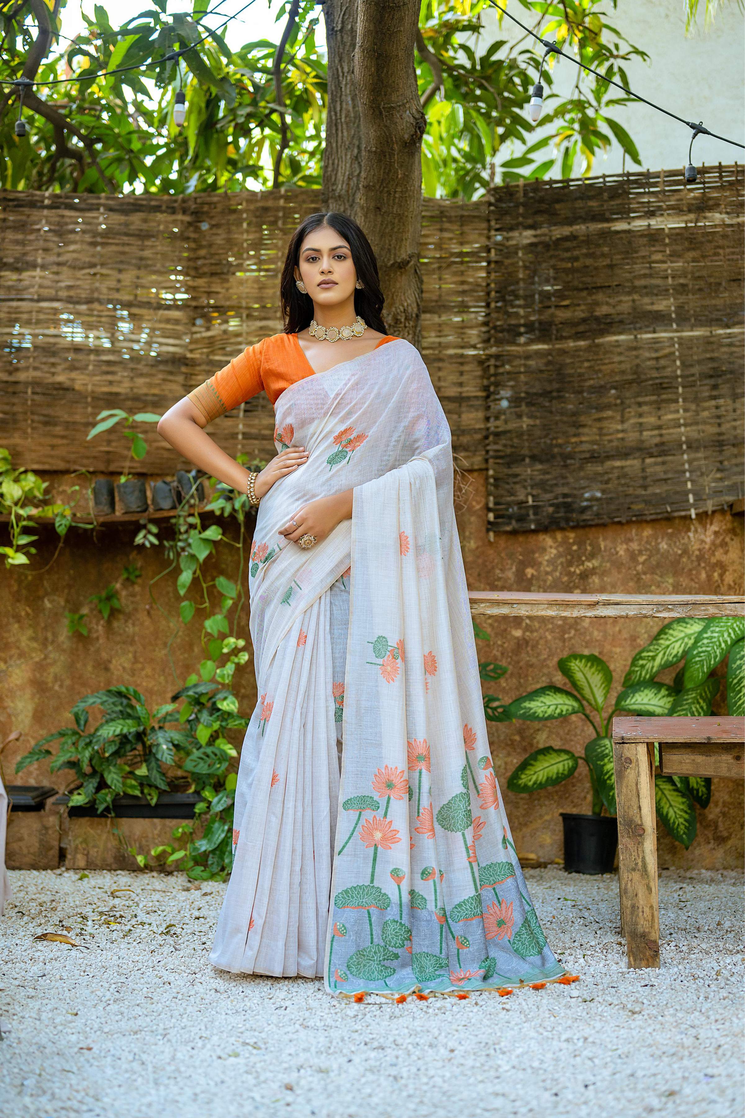 Jyoti Fashion Women's Orange Soft Muga Cotton Floral Weaving Traditional Saree with Blouse - Distacart