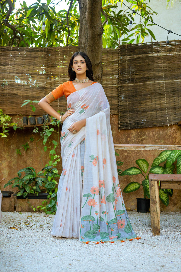 Jyoti Fashion Women's Orange Soft Muga Cotton Floral Weaving Traditional Saree with Blouse - Distacart