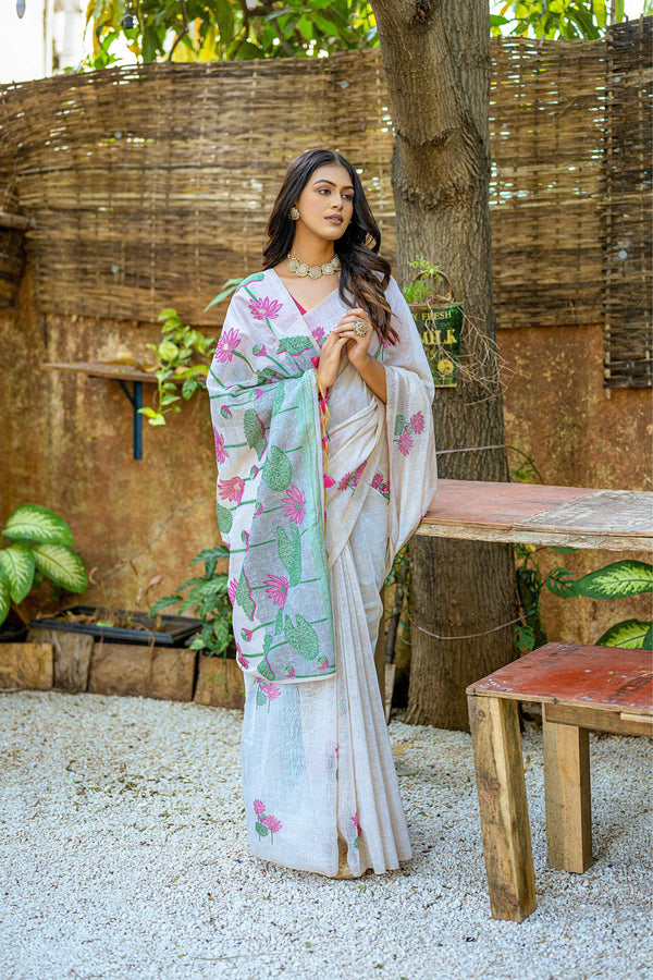 Jyoti Fashion Women's Pink Soft Muga Cotton Floral Weaving Traditional Saree with Blouse - Distacart