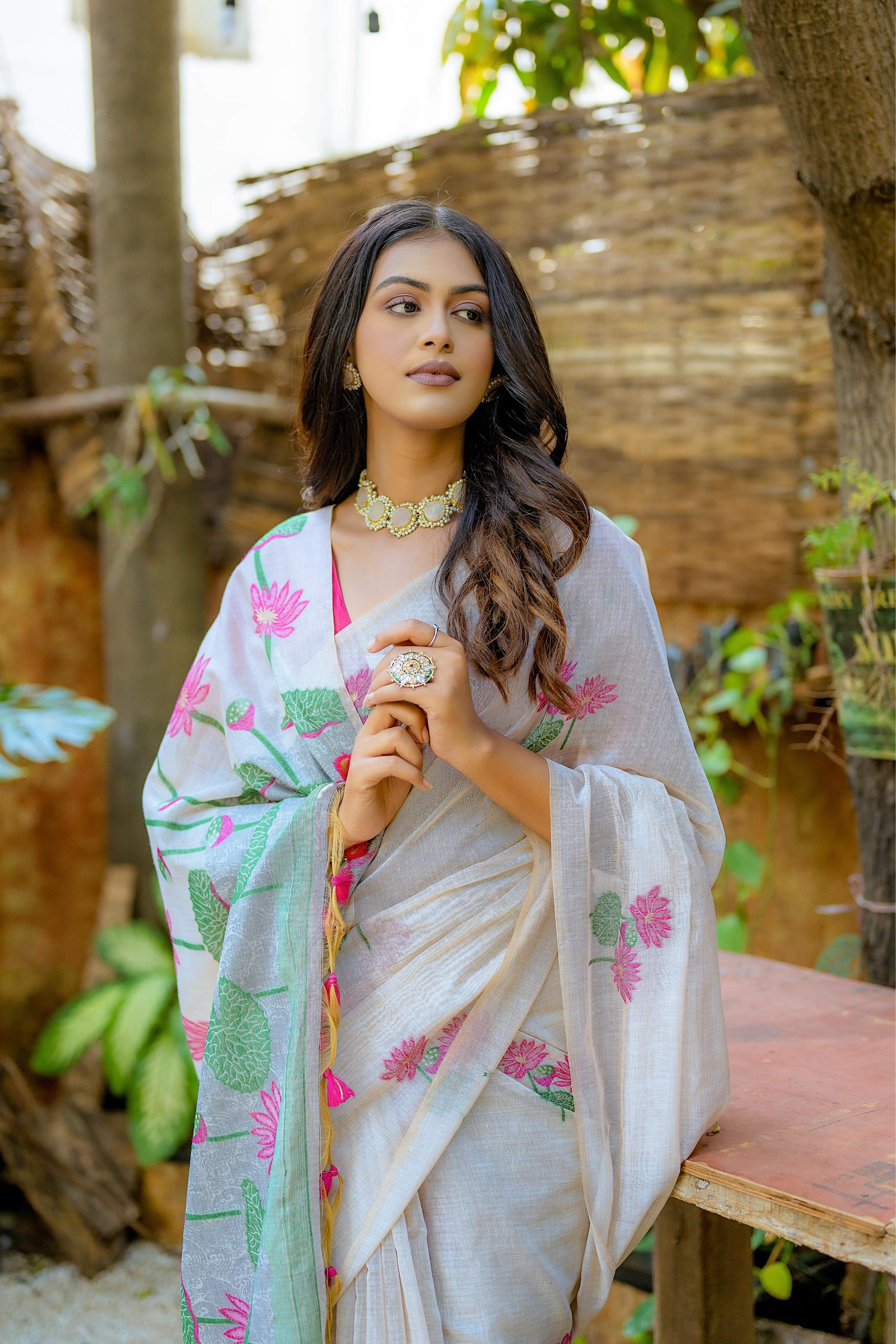 Jyoti Fashion Women's Pink Soft Muga Cotton Floral Weaving Traditional Saree with Blouse - Distacart