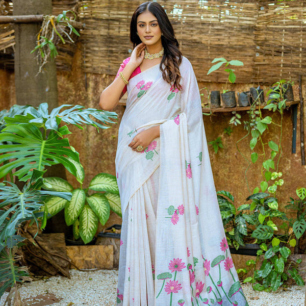 Jyoti Fashion Women's Pink Soft Muga Cotton Floral Weaving Traditional Saree with Blouse - Distacart