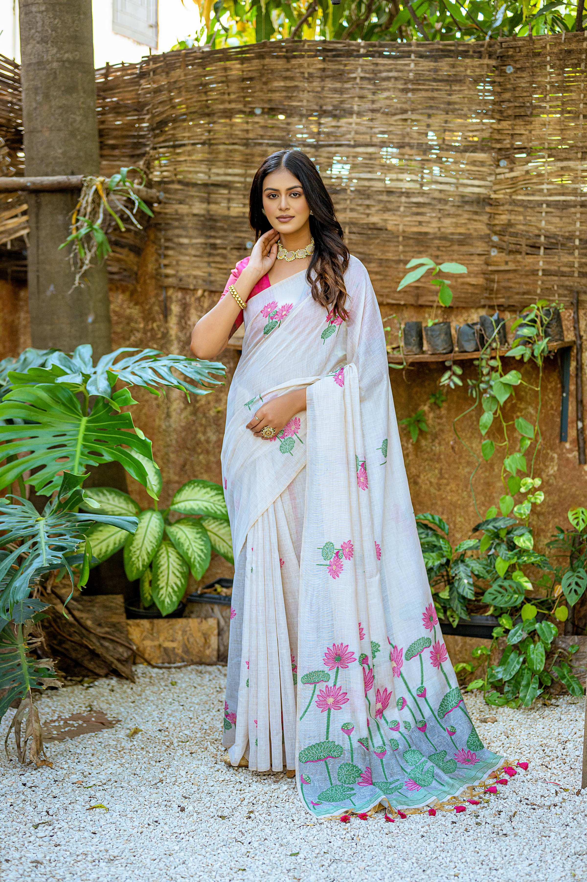 Jyoti Fashion Women's Pink Soft Muga Cotton Floral Weaving Traditional Saree with Blouse - Distacart