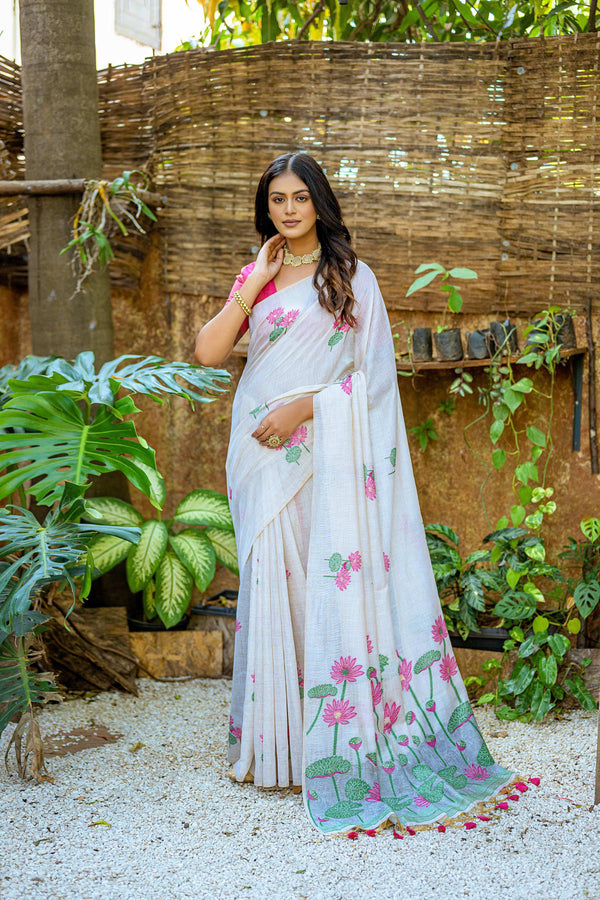 Jyoti Fashion Women's Pink Soft Muga Cotton Floral Weaving Traditional Saree with Blouse - Distacart