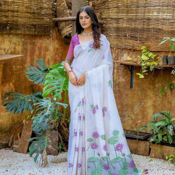 Jyoti Fashion Women's Wine Soft Muga Cotton Floral Weaving Traditional Saree with Blouse - Distacart
