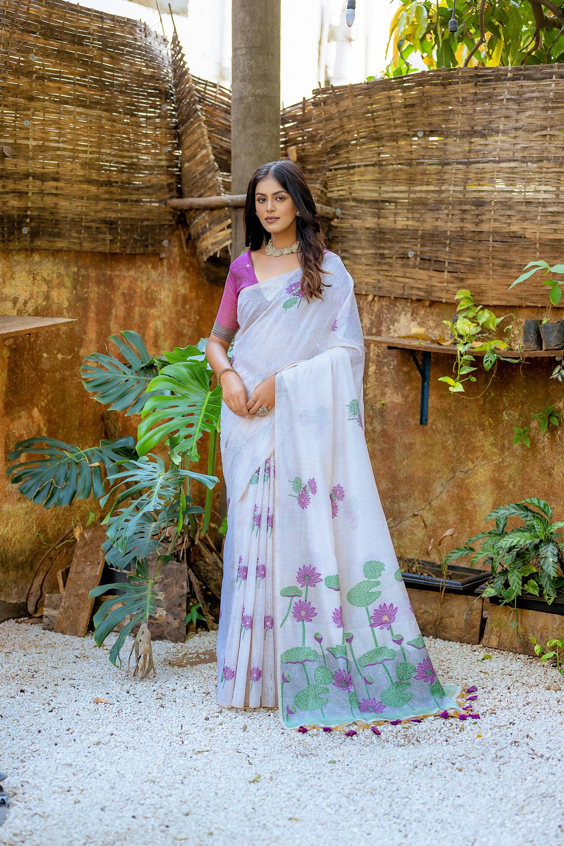 Jyoti Fashion Women's Wine Soft Muga Cotton Floral Weaving Traditional Saree with Blouse - Distacart