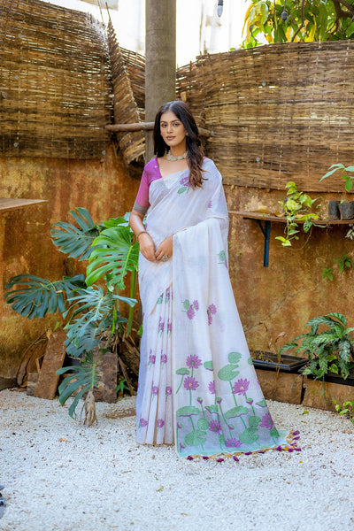 Jyoti Fashion Women's Wine Soft Muga Cotton Floral Weaving Traditional Saree with Blouse - Distacart