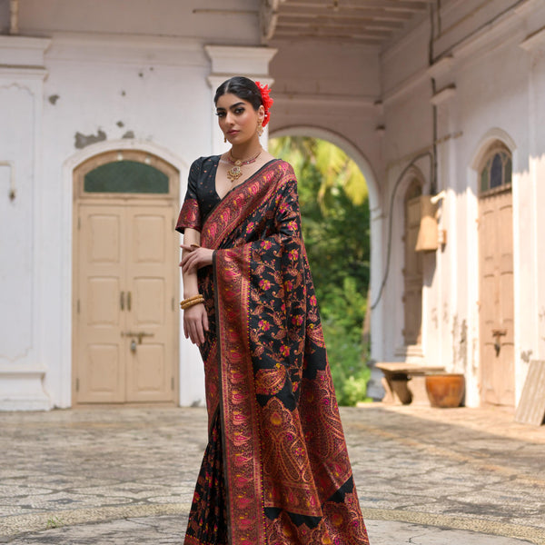 Jyoti Fashion Women's Black Soft Pashmina Silk Meena Zari Woven Saree with Blouse - Distacart