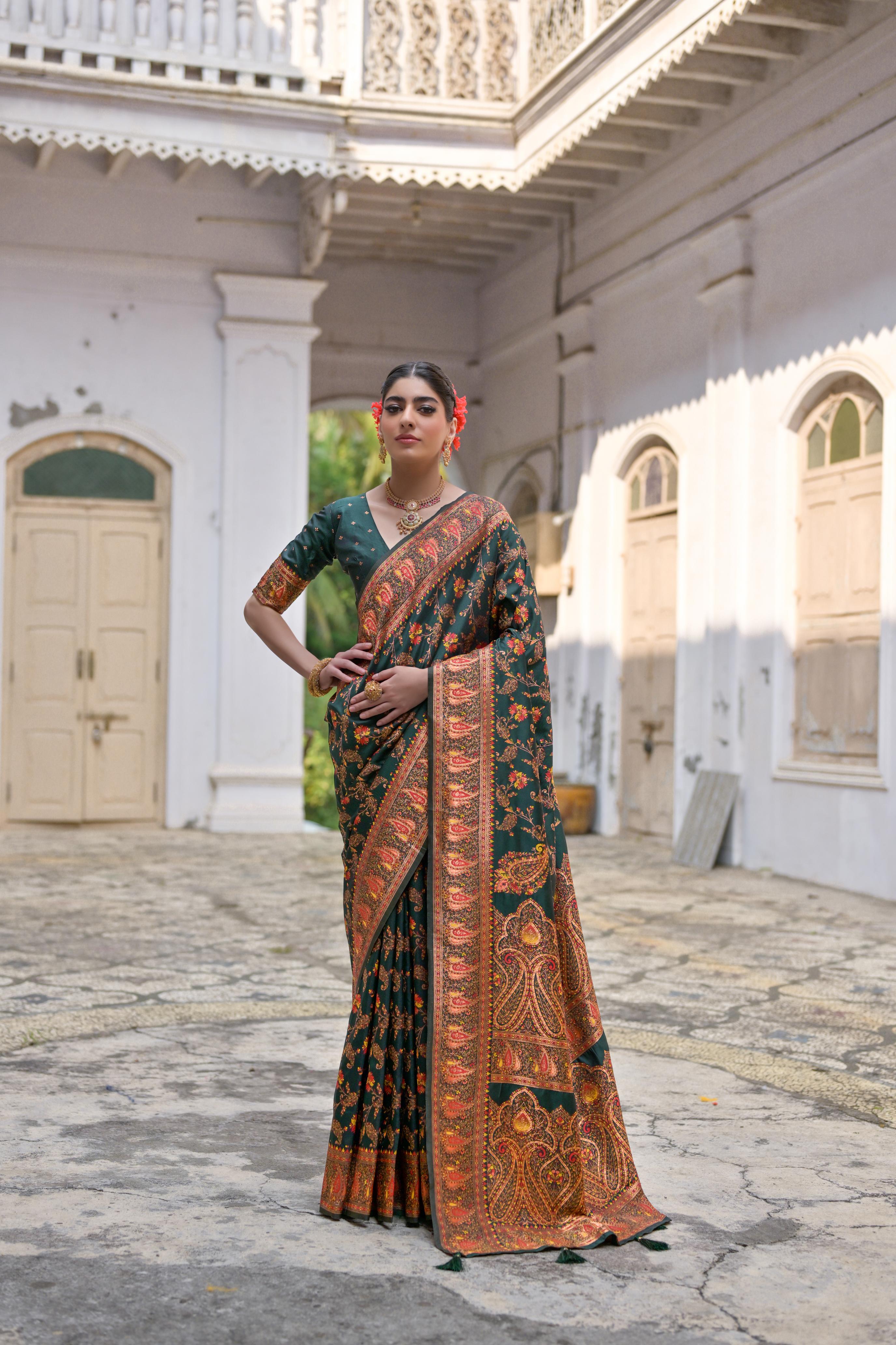 Jyoti Fashion Women's Bottle Green Soft Pashmina Silk Meena Zari Woven Saree with Blouse - Distacart