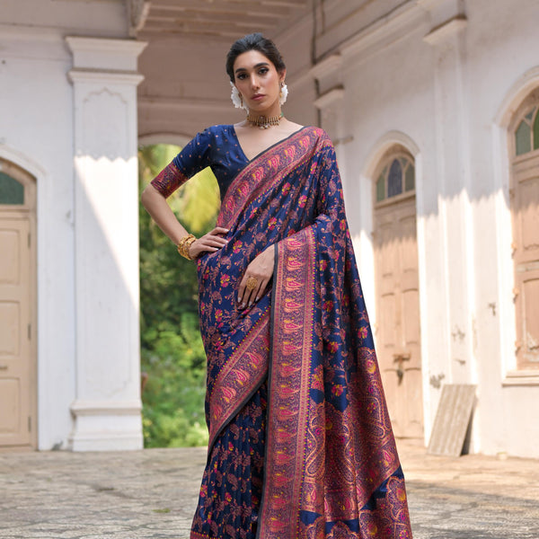 Jyoti Fashion Women's Navy Blue Soft Pashmina Silk Meena Zari Woven Saree with Blouse - Distacart