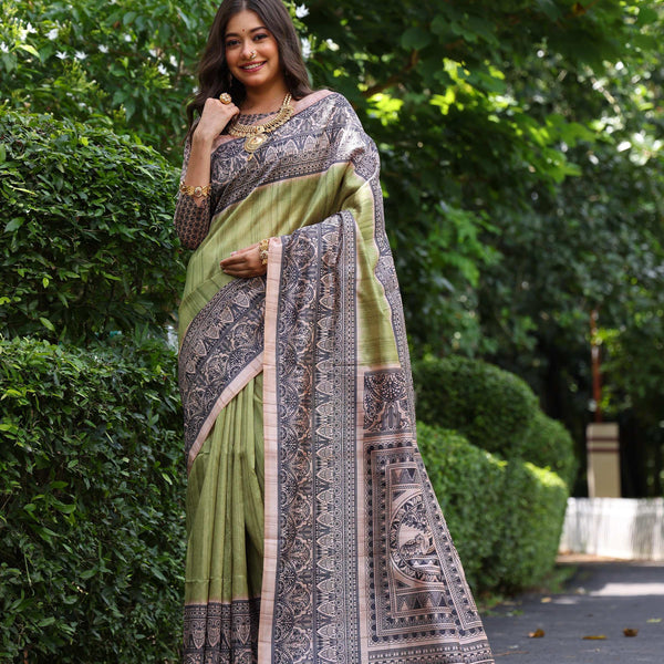 Jyoti Fashion Women's Green Soft Tussar Silk Madhubani Printed Saree with Blouse - Distacart