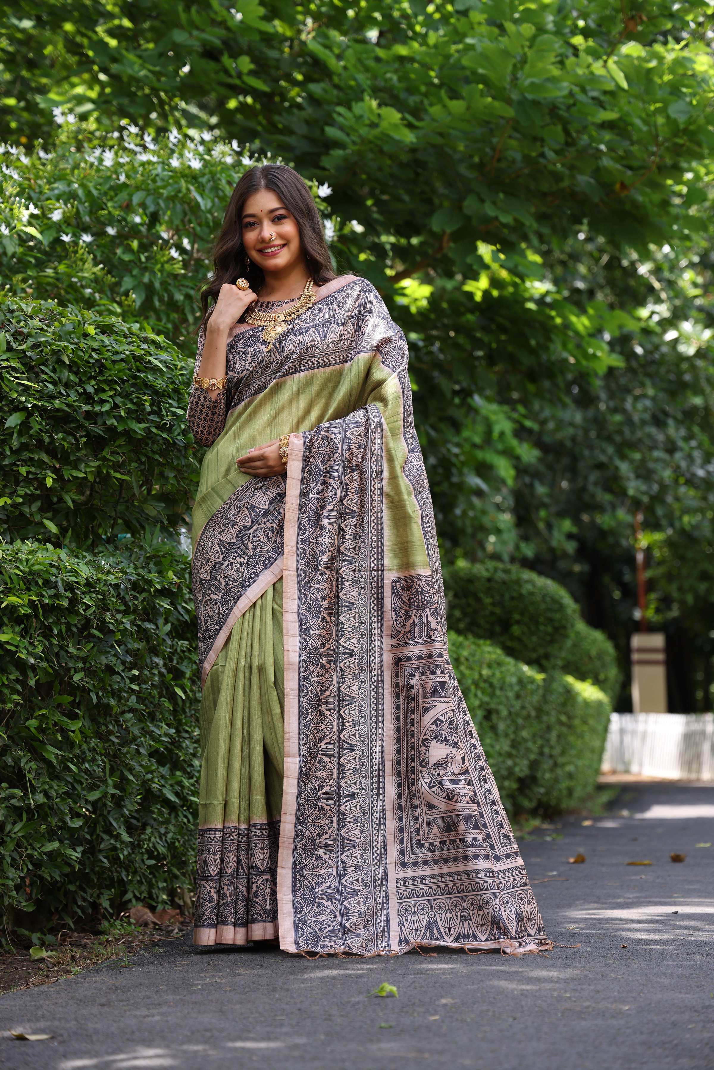 Jyoti Fashion Women's Green Soft Tussar Silk Madhubani Printed Saree with Blouse - Distacart