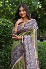Thumbnail for Jyoti Fashion Women's Green Soft Tussar Silk Madhubani Printed Saree with Blouse - Distacart