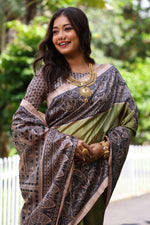 Thumbnail for Jyoti Fashion Women's Green Soft Tussar Silk Madhubani Printed Saree with Blouse - Distacart