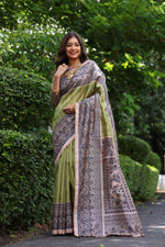 Thumbnail for Jyoti Fashion Women's Green Soft Tussar Silk Madhubani Printed Saree with Blouse - Distacart