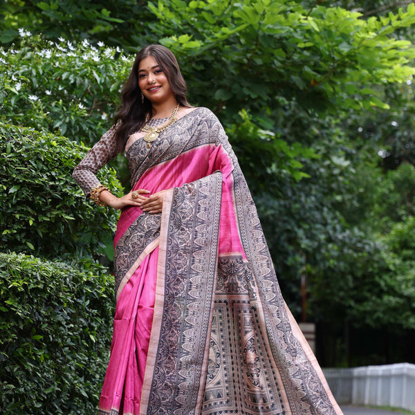 Jyoti Fashion Women's Pink Soft Tussar Silk Madhubani Printed Saree with Blouse - Distacart