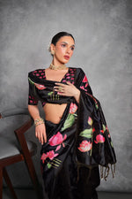 Thumbnail for Jyoti Fashion Women's Black Soft Tussar Silk Floral Printed Saree with Blouse - Distacart