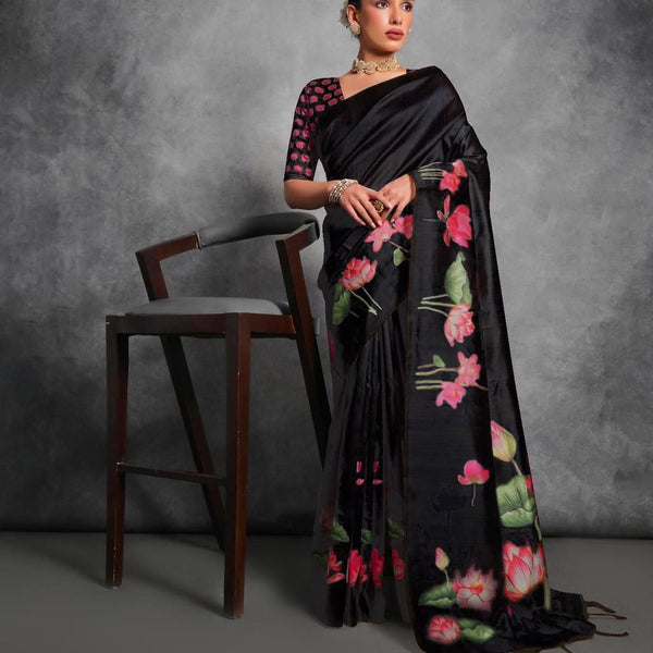 Jyoti Fashion Women's Black Soft Tussar Silk Floral Printed Saree with Blouse - Distacart