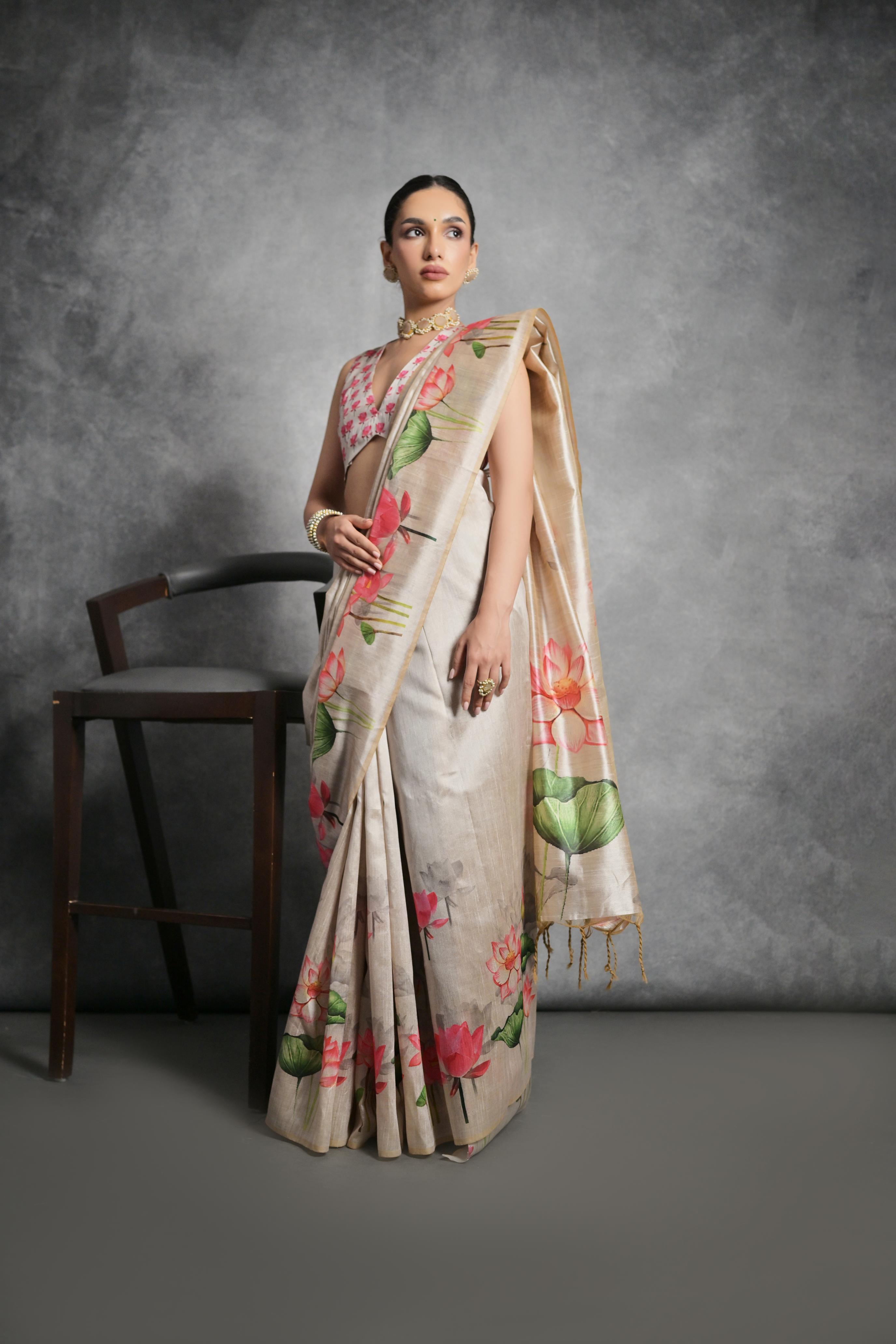 Jyoti Fashion Women's Beige Soft Tussar Silk Floral Printed Saree with Blouse - Distacart