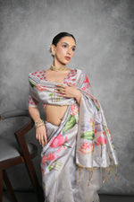 Thumbnail for Jyoti Fashion Women's Grey Soft Tussar Silk Floral Printed Saree with Blouse - Distacart