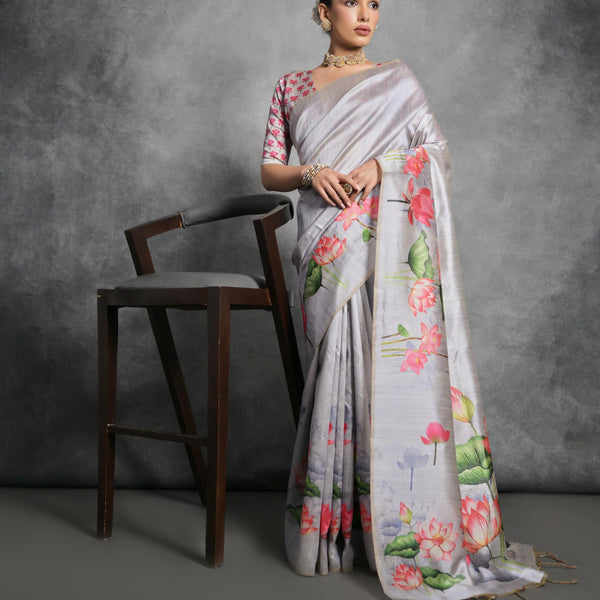 Jyoti Fashion Women's Grey Soft Tussar Silk Floral Printed Saree with Blouse - Distacart