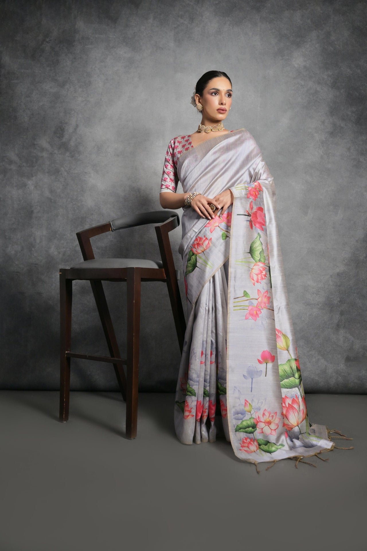 Jyoti Fashion Women's Grey Soft Tussar Silk Floral Printed Saree with Blouse - Distacart