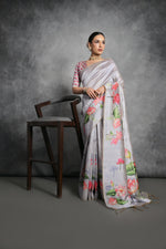 Thumbnail for Jyoti Fashion Women's Grey Soft Tussar Silk Floral Printed Saree with Blouse - Distacart