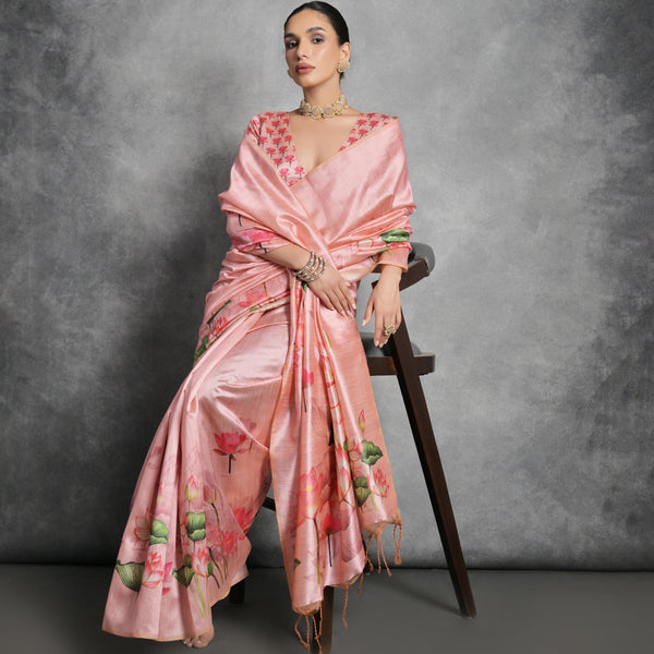 Jyoti Fashion Women's Pink Soft Tussar Silk Floral Printed Saree with Blouse - Distacart