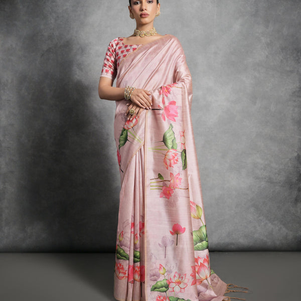 Jyoti Fashion Women's Peach Soft Tussar Silk Floral Printed Saree with Blouse - Distacart